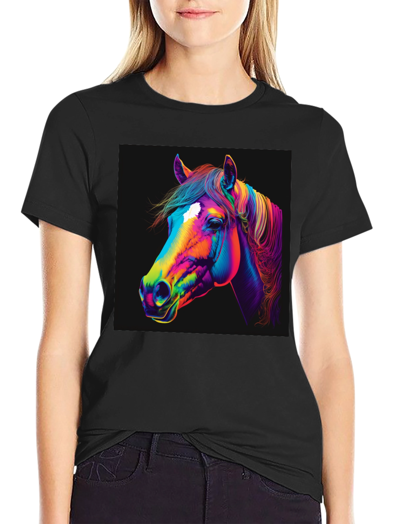 Camiseta Negra con Diseño de Caballo Neón