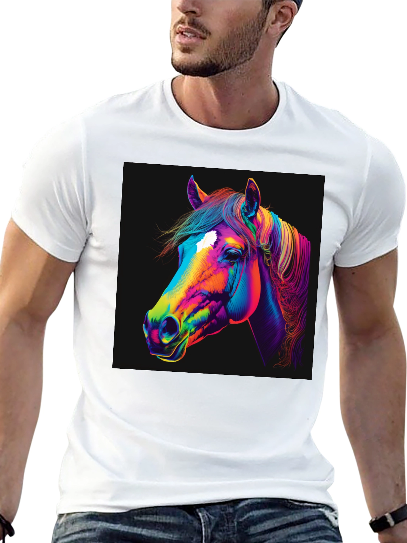 Camiseta Negra con Diseño de Caballo Neón