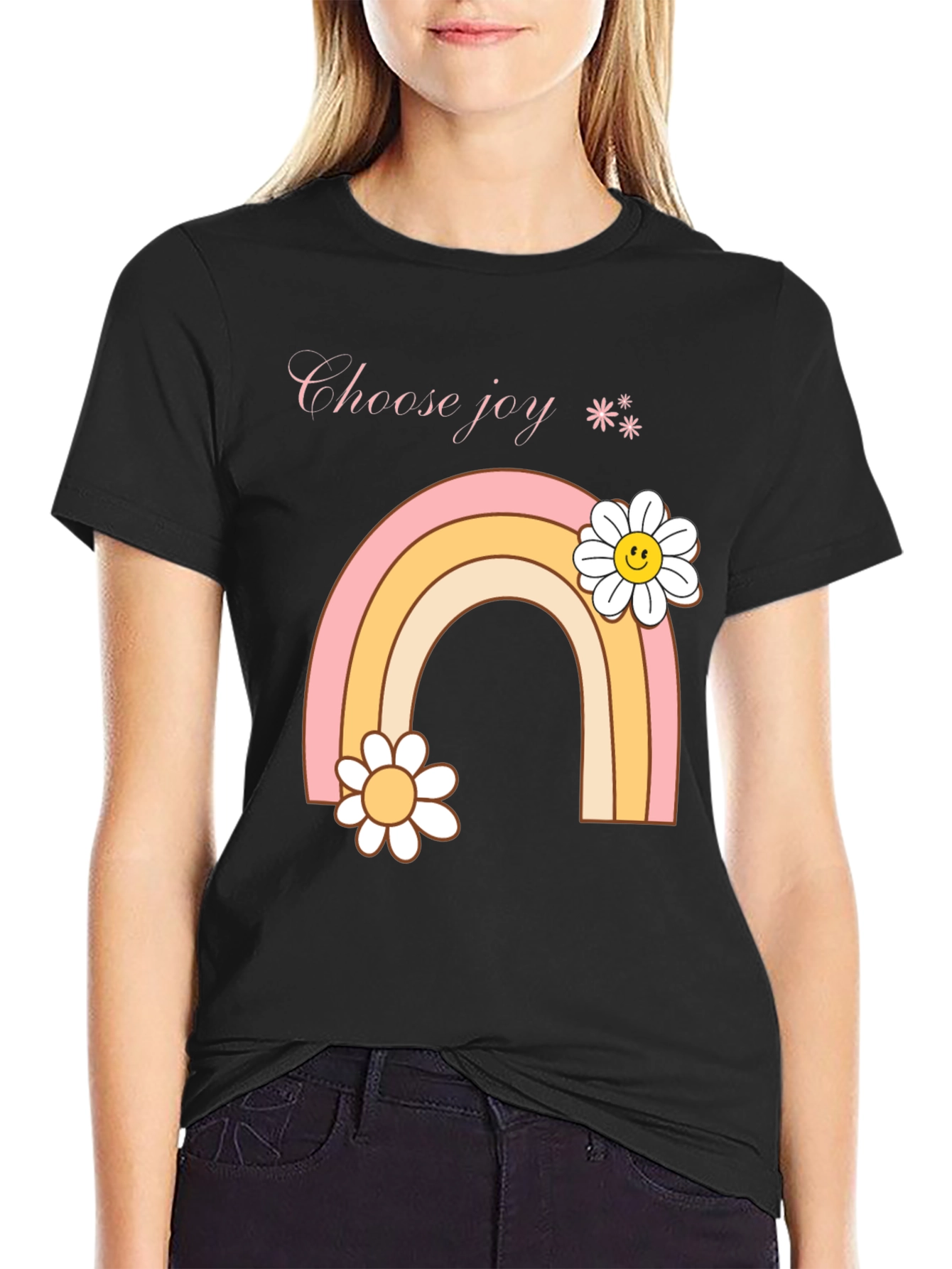 Camiseta Negra Choose Joy Arcoíris Floral
