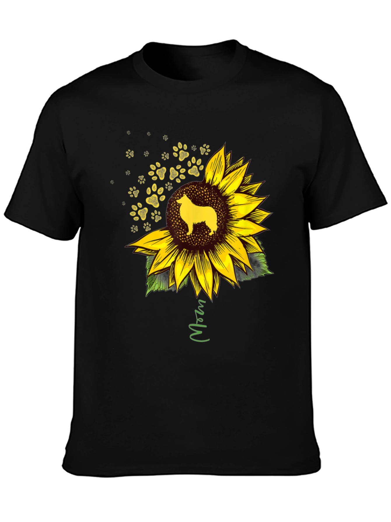Camiseta Negra con Girasol y Perro Collie Mom