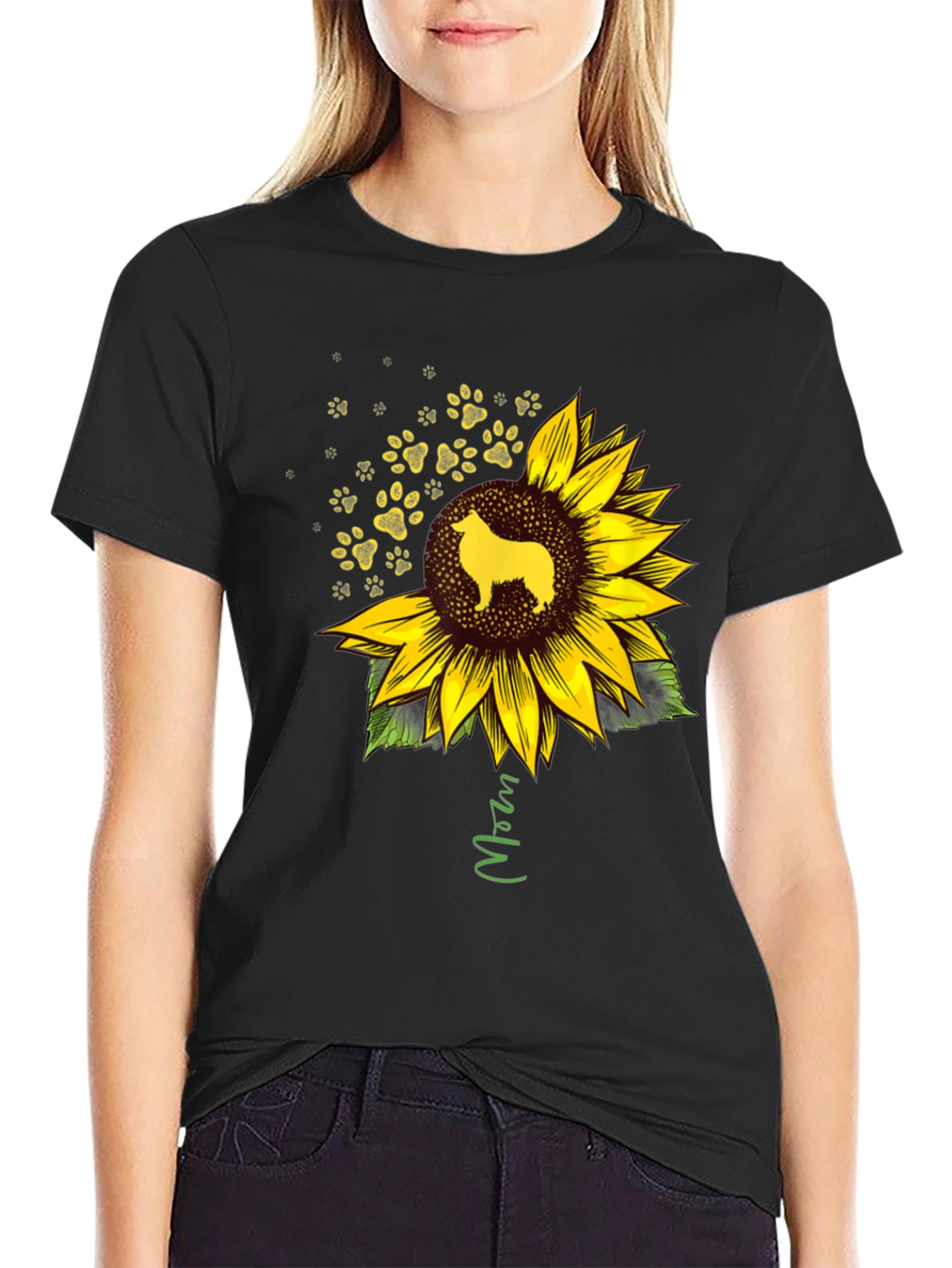 Camiseta Negra con Girasol y Perro Collie Mom