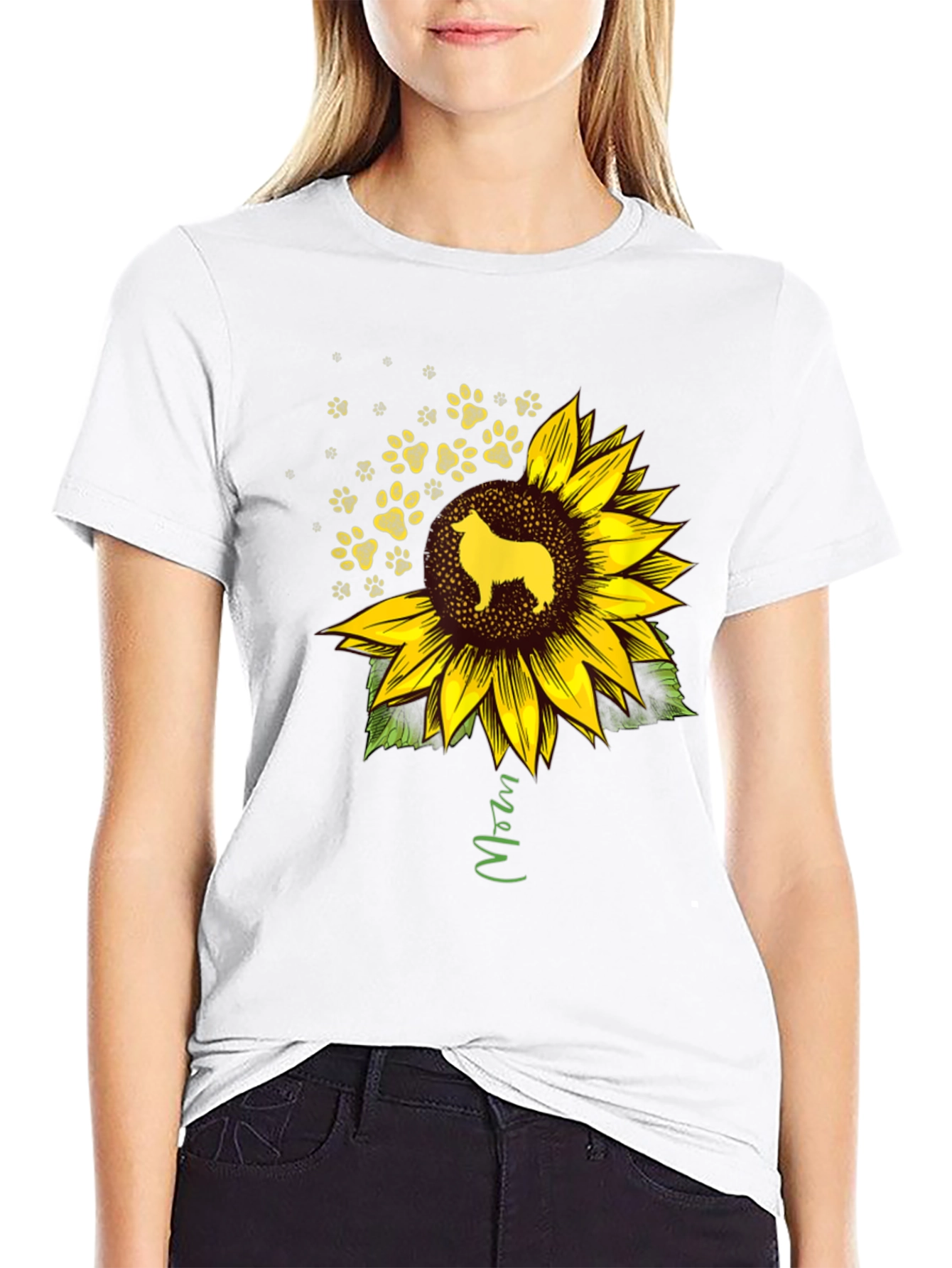 Camiseta Negra con Girasol y Perro Collie Mom