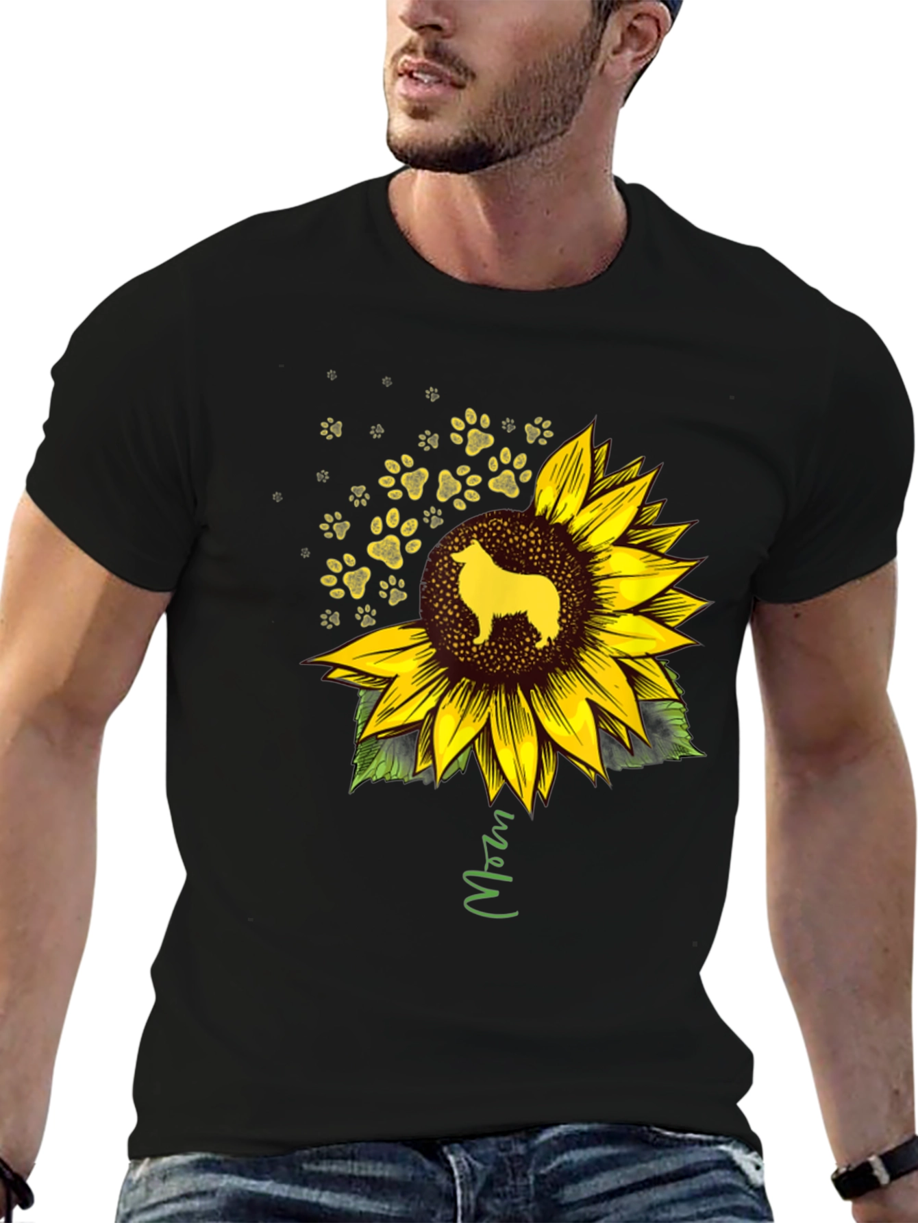 Camiseta Negra con Girasol y Perro Collie Mom