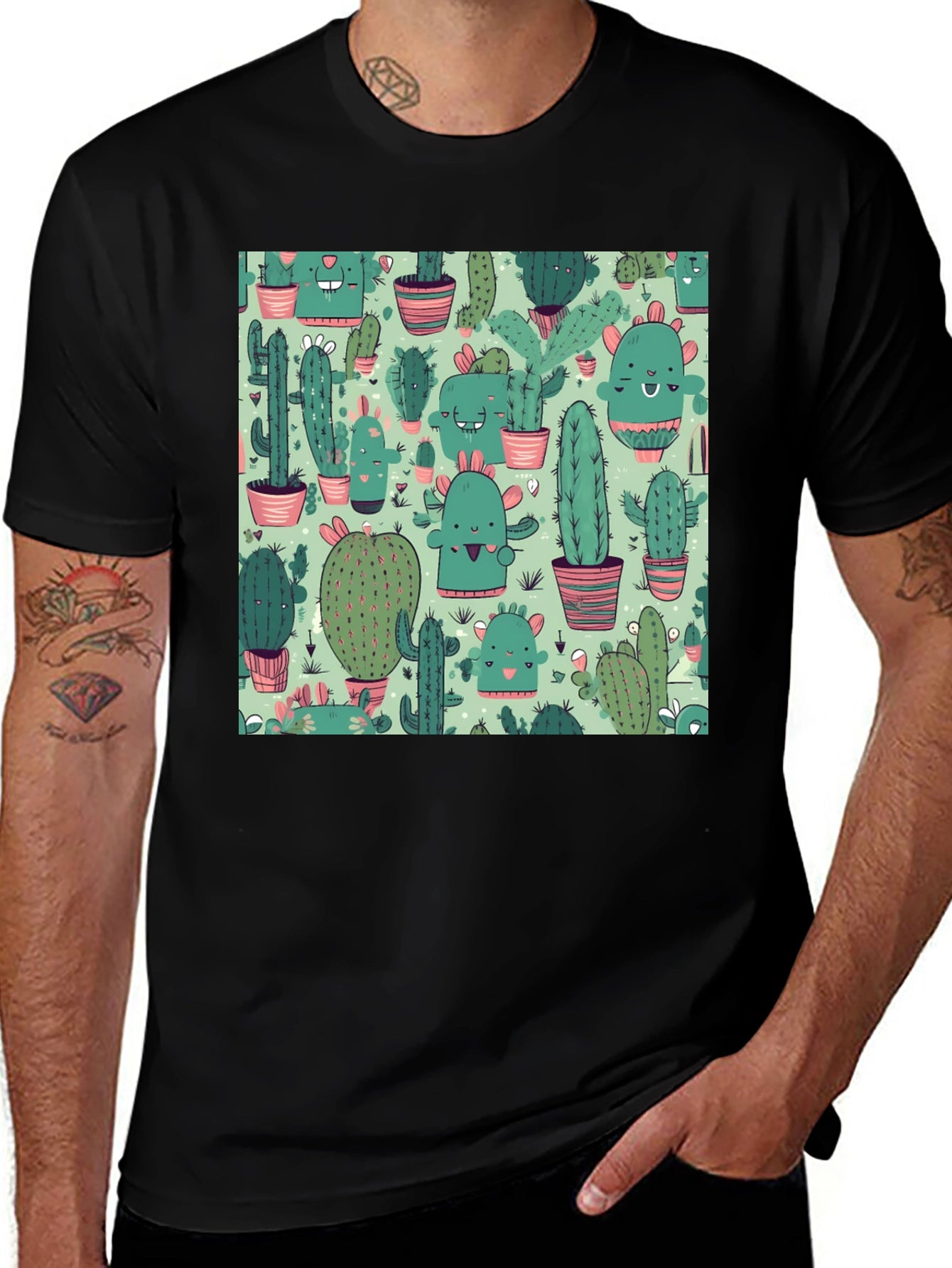 Camiseta Negra con Estampado de Cactus Kawaii