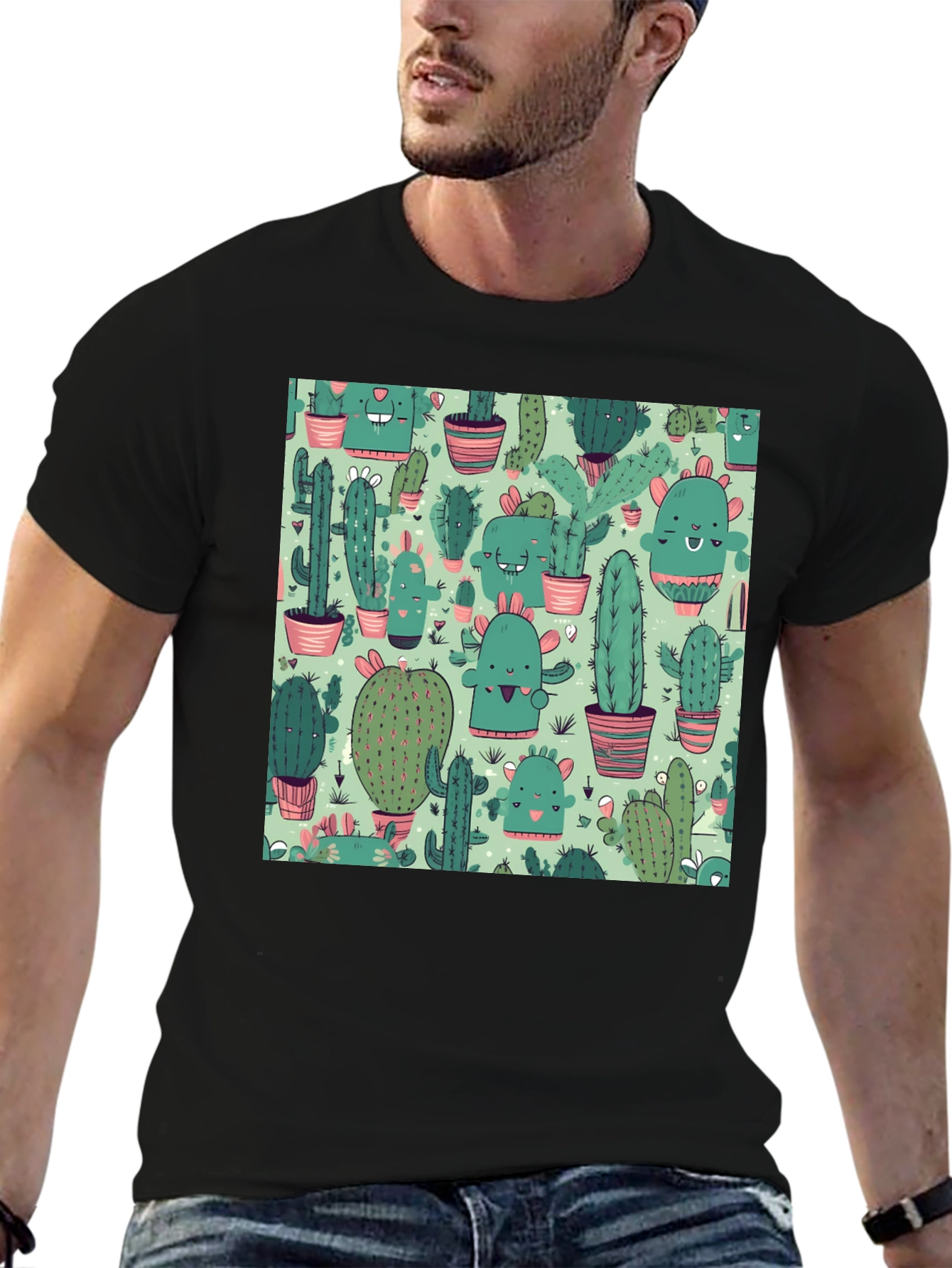 Camiseta Negra con Estampado de Cactus Kawaii