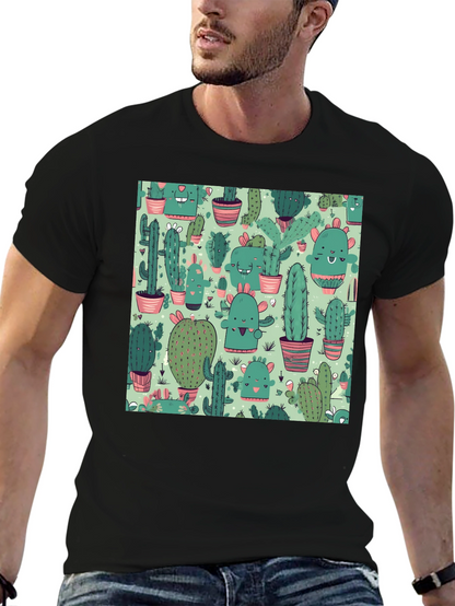 Camiseta Negra con Estampado de Cactus Kawaii