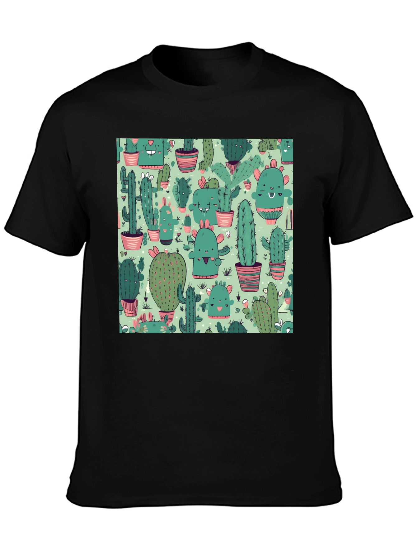 Camiseta Negra con Estampado de Cactus Kawaii