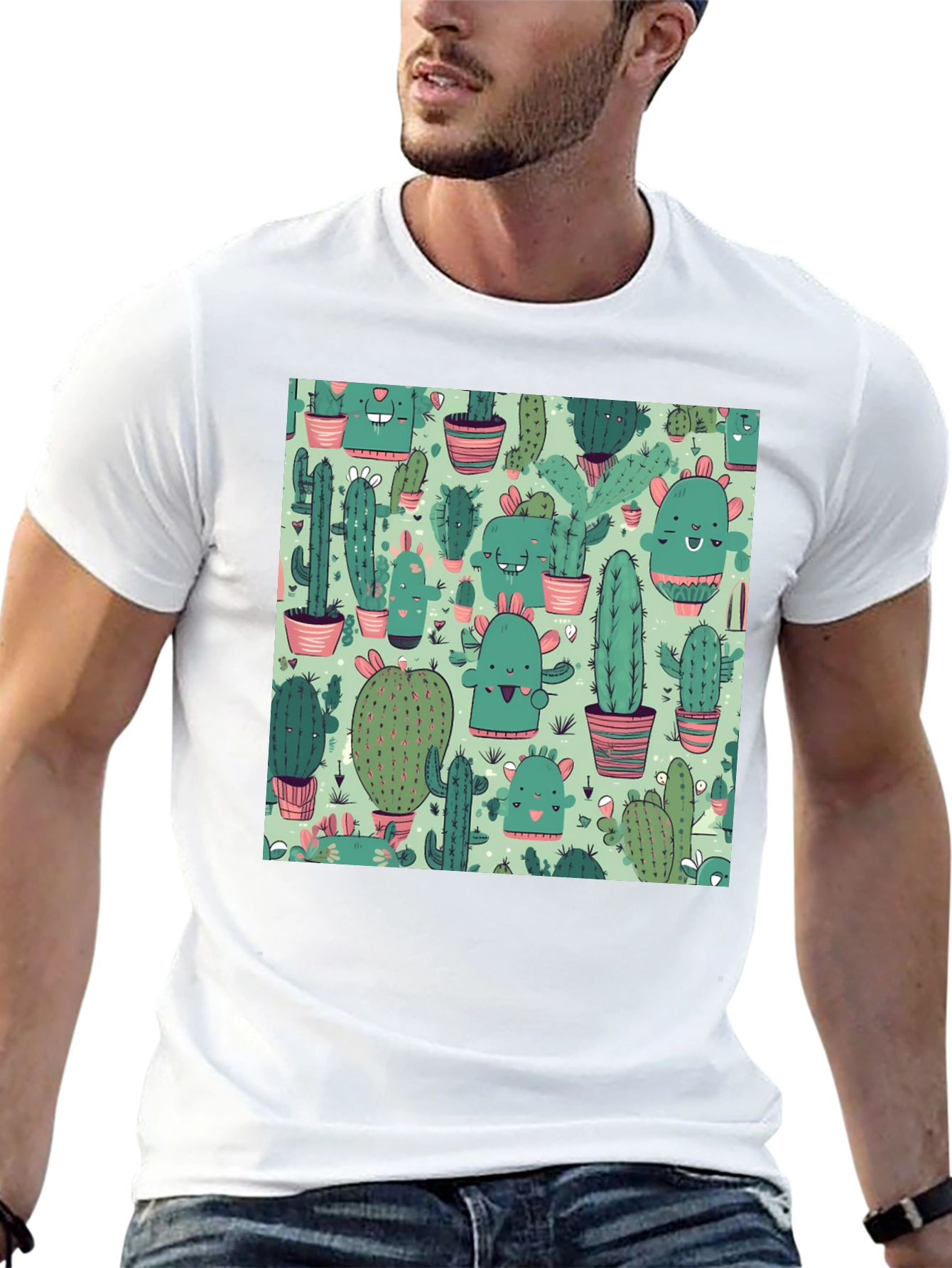 Camiseta Negra con Estampado de Cactus Kawaii