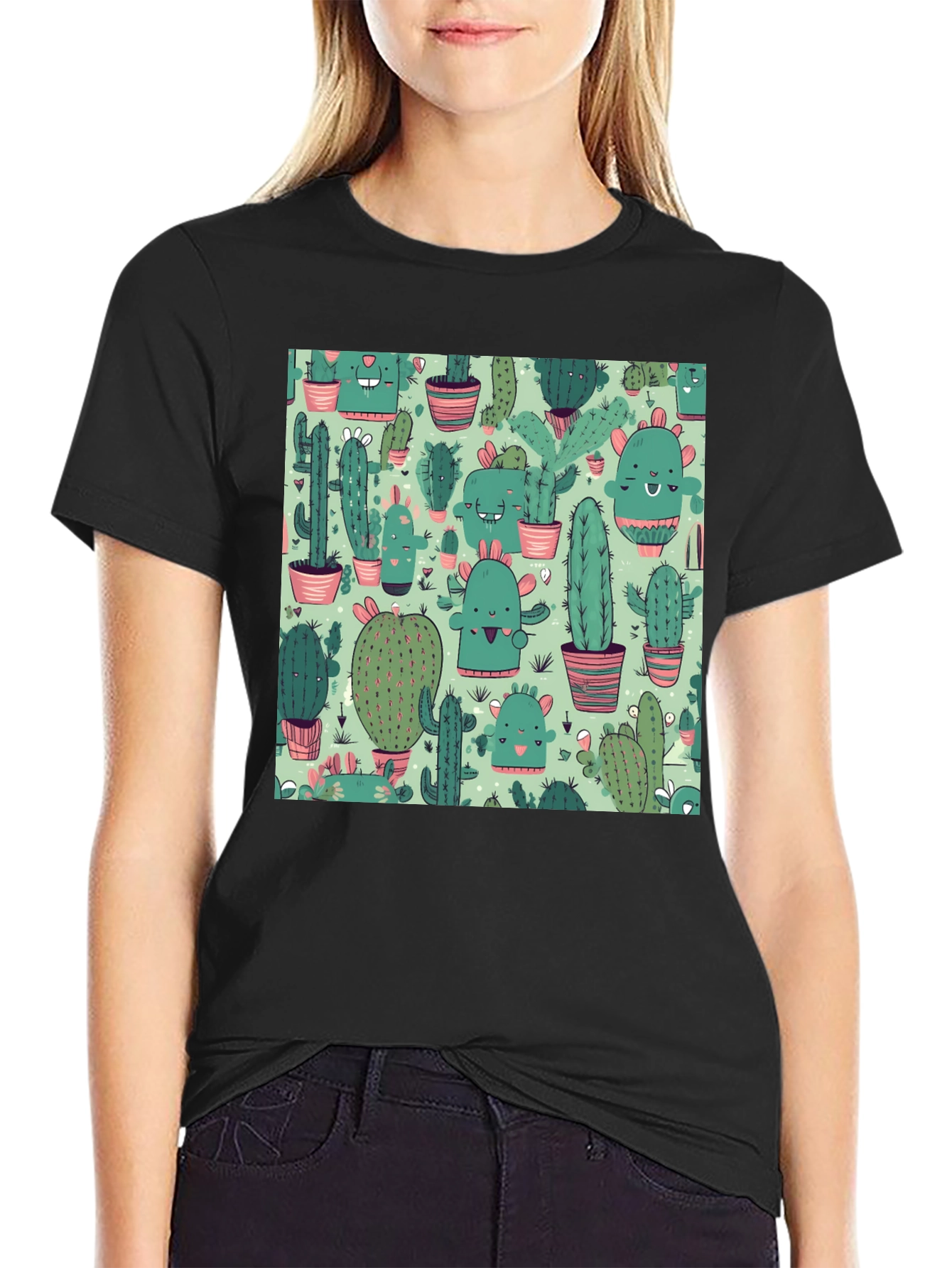 Camiseta Negra con Estampado de Cactus Kawaii