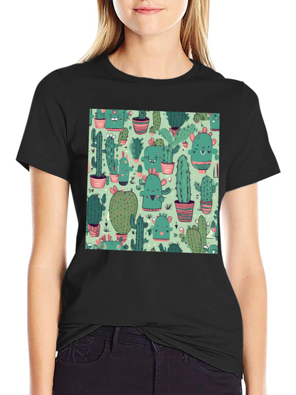 Camiseta Negra con Estampado de Cactus Kawaii