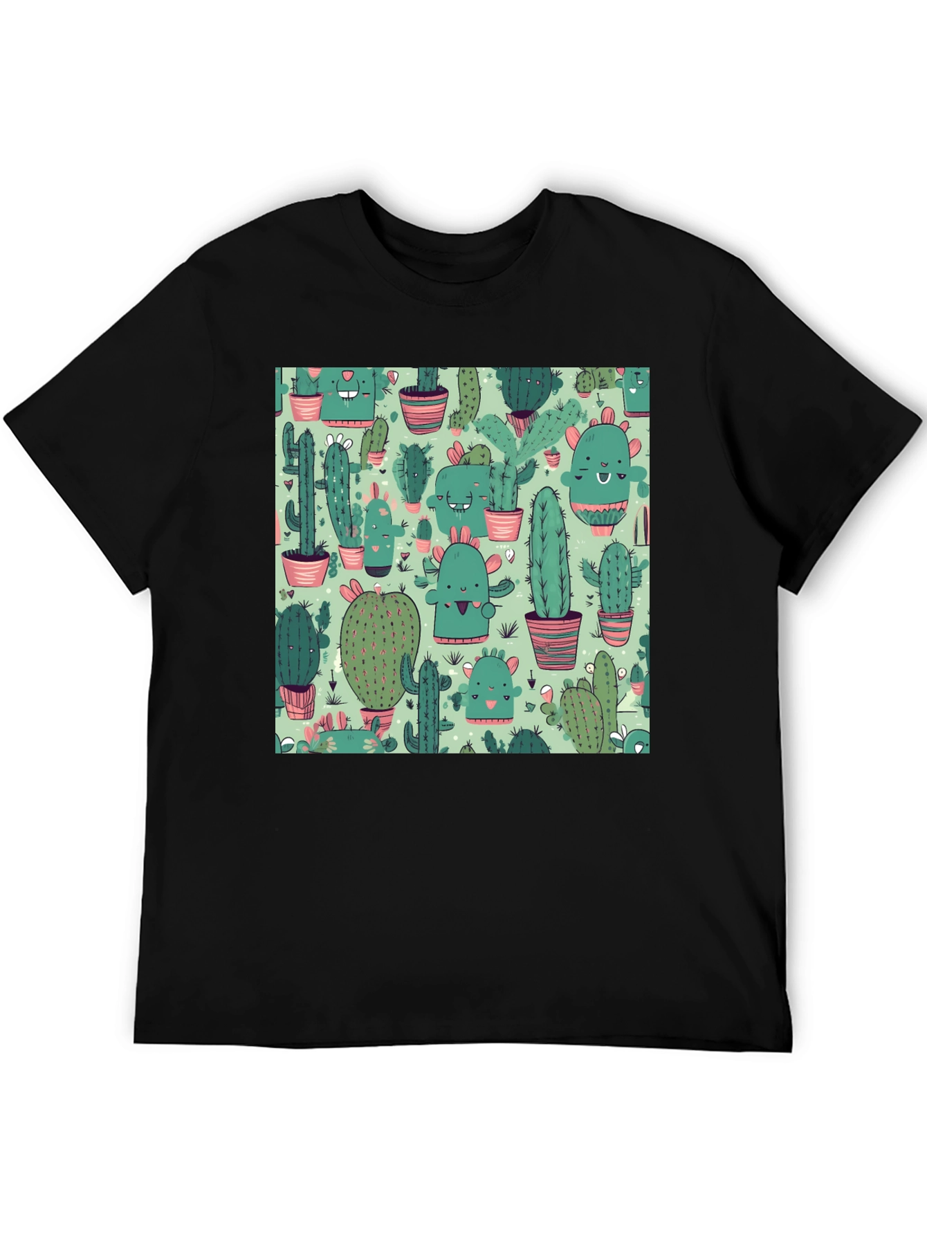 Camiseta Negra con Estampado de Cactus Kawaii
