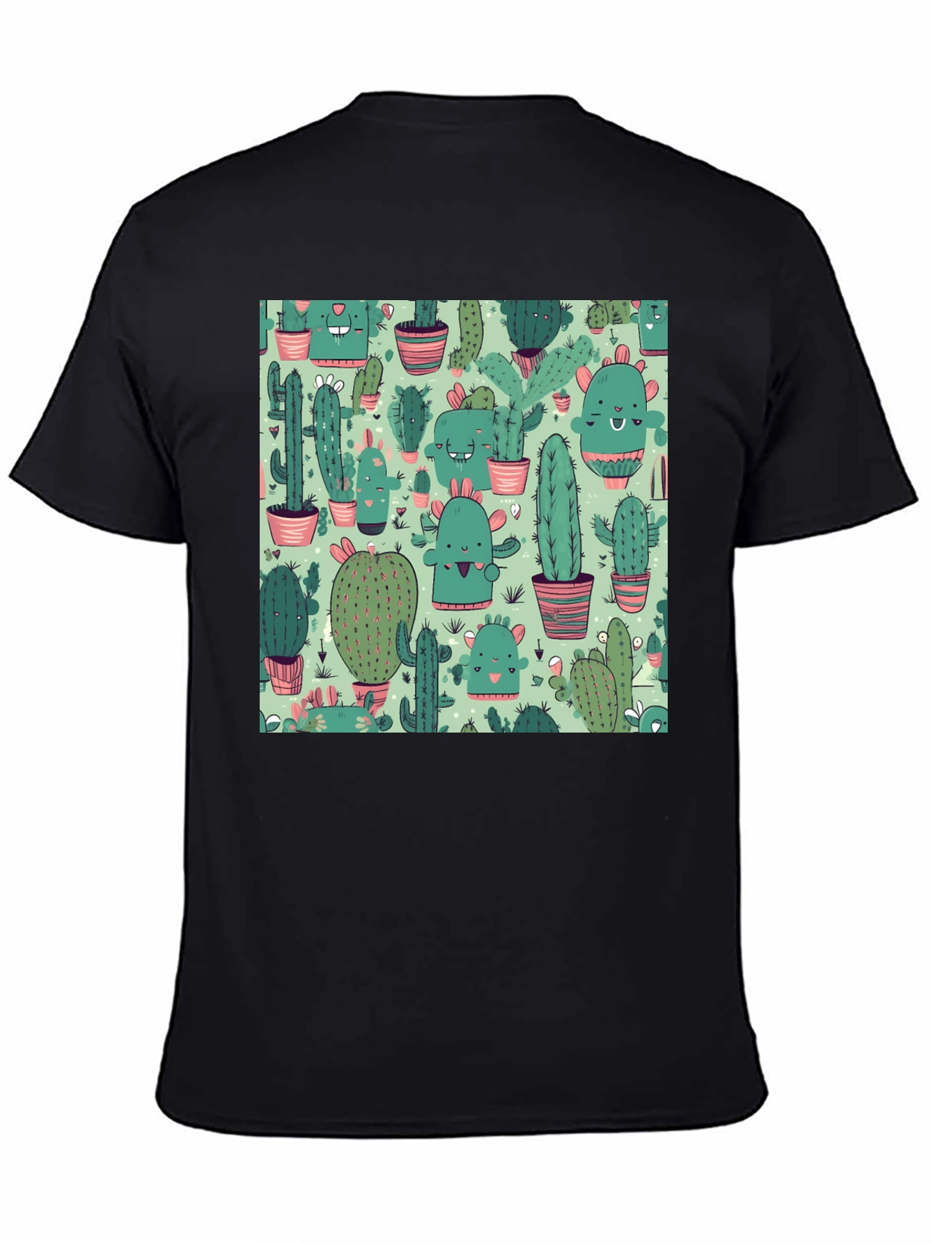 Camiseta Negra con Estampado de Cactus Kawaii