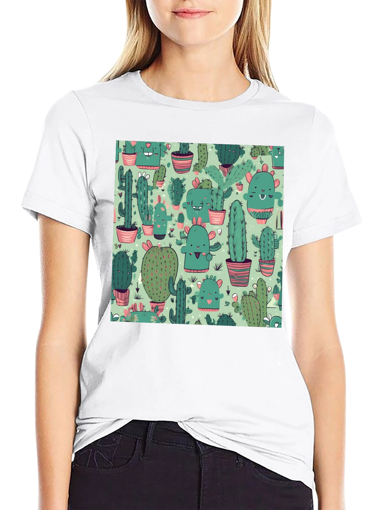 Camiseta Negra con Estampado de Cactus Kawaii