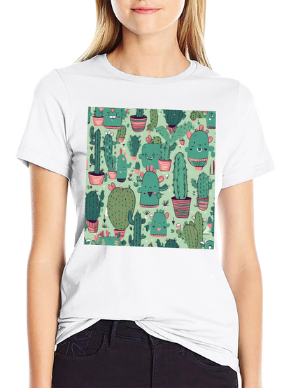 Camiseta Negra con Estampado de Cactus Kawaii