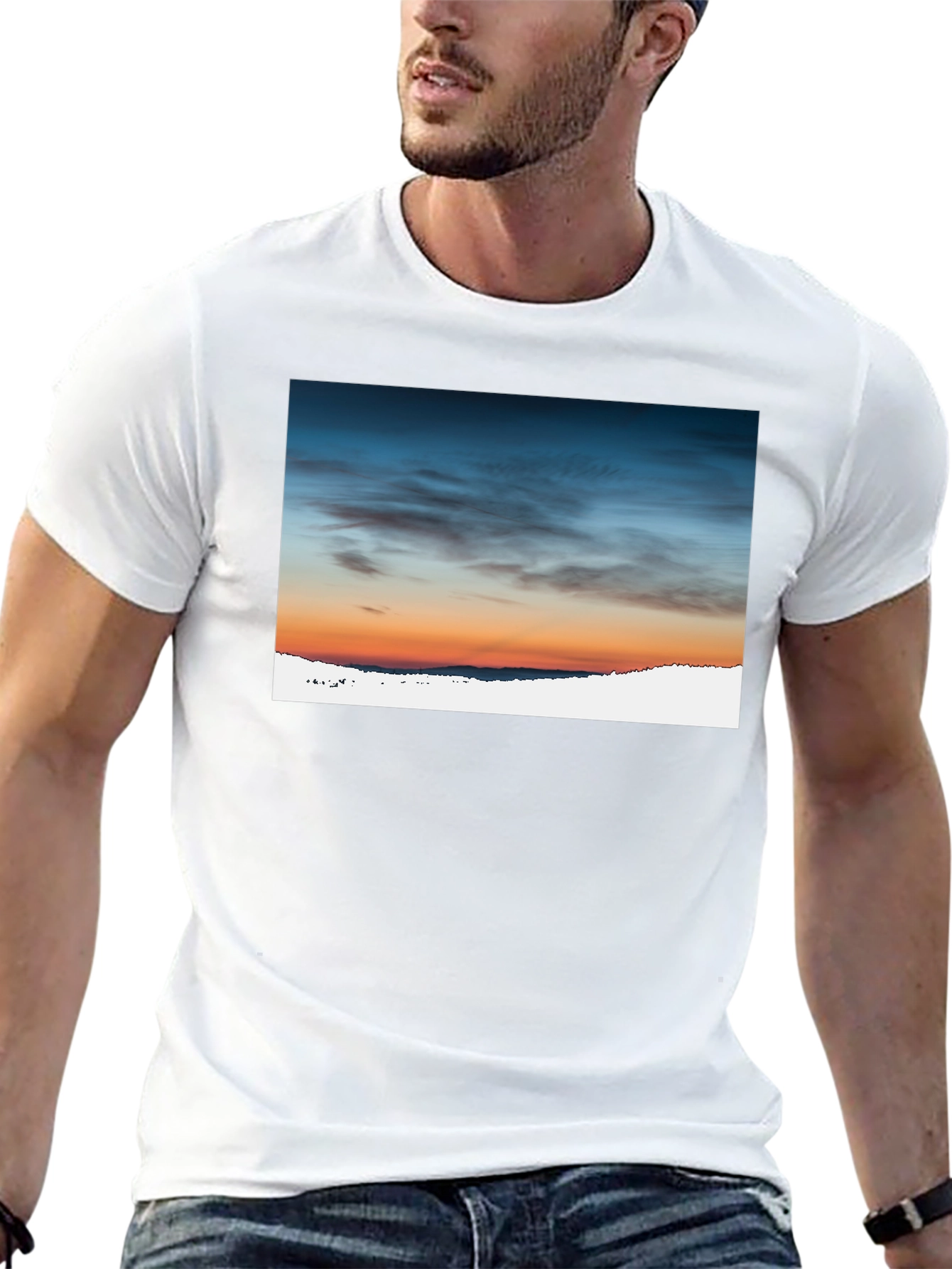 Camiseta Negra con Diseño de Cielo al Atardecer