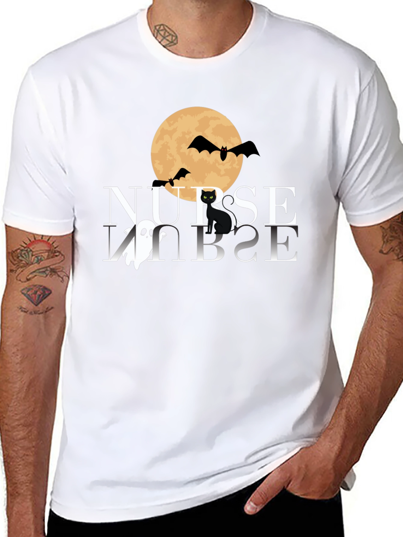 Camiseta Halloween Enfermera: Luna Murciélagos y Gato