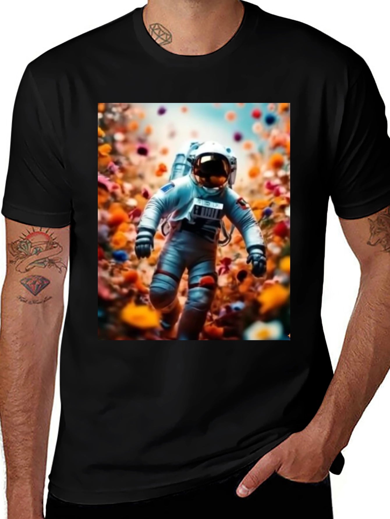 Camiseta Negra Estampado Astronauta Floral