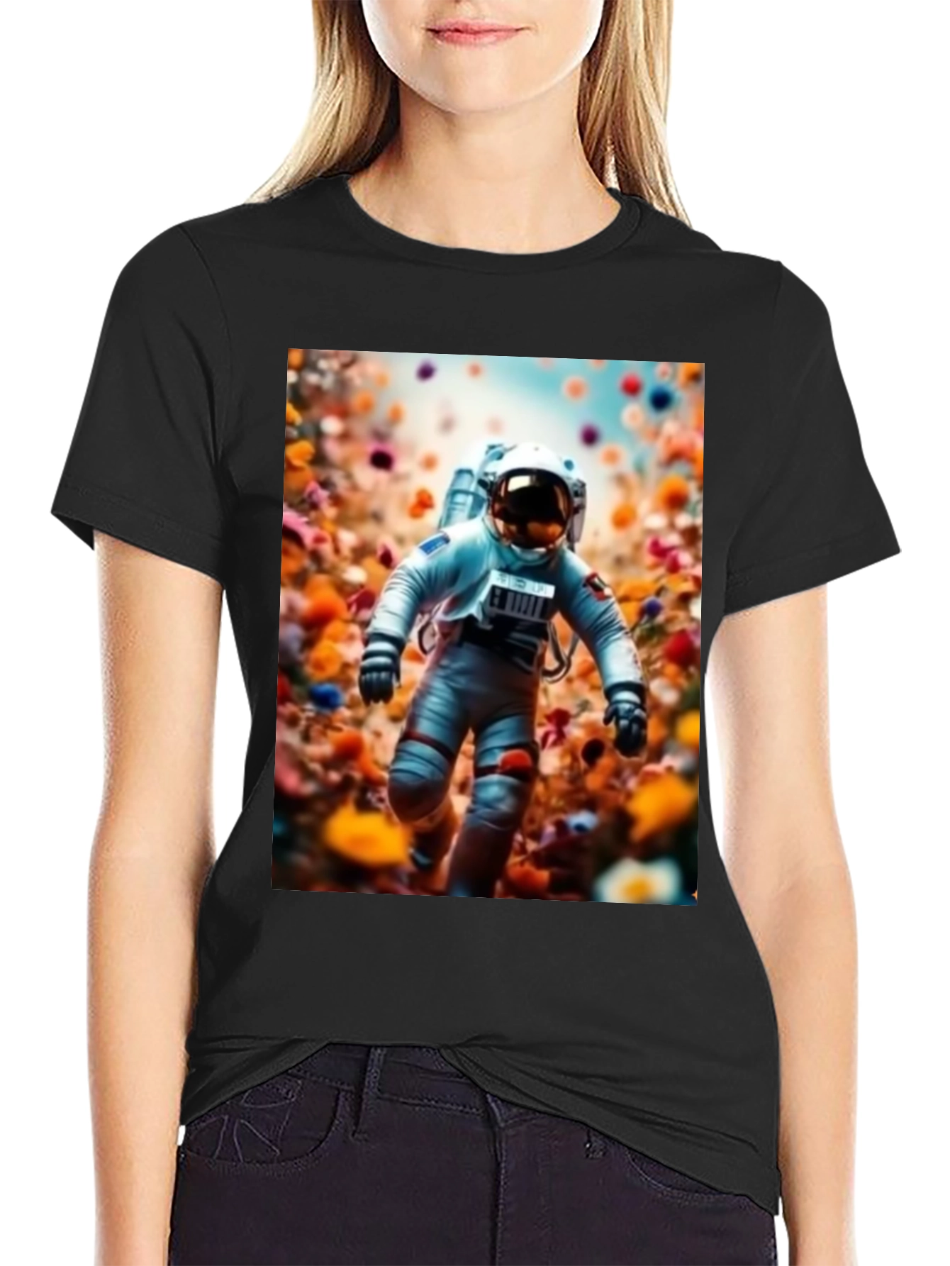 Camiseta Negra Estampado Astronauta Floral