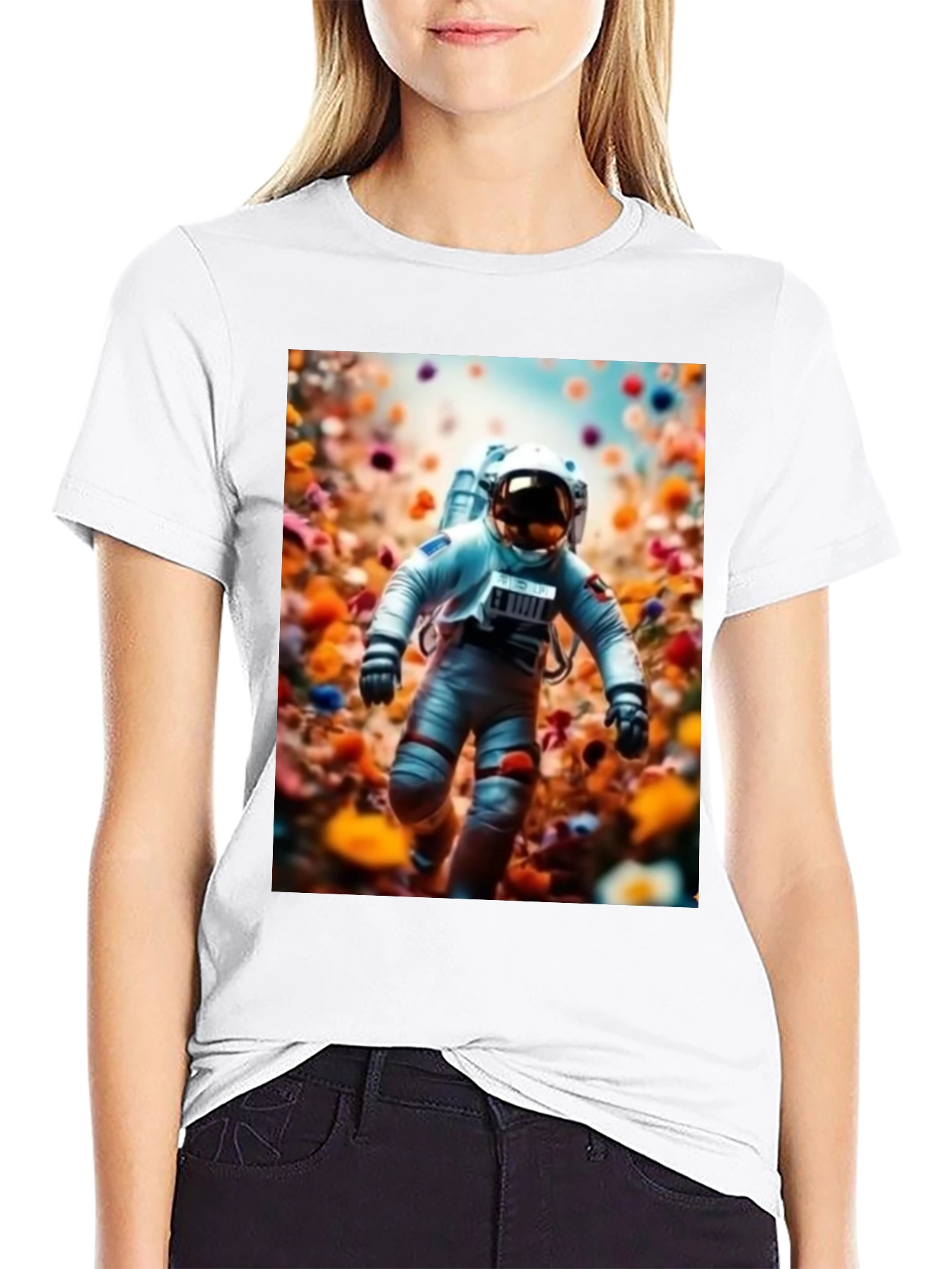 Camiseta Negra Estampado Astronauta Floral