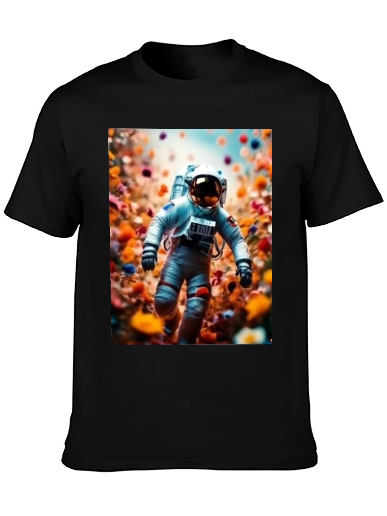 Camiseta Negra Estampado Astronauta Floral