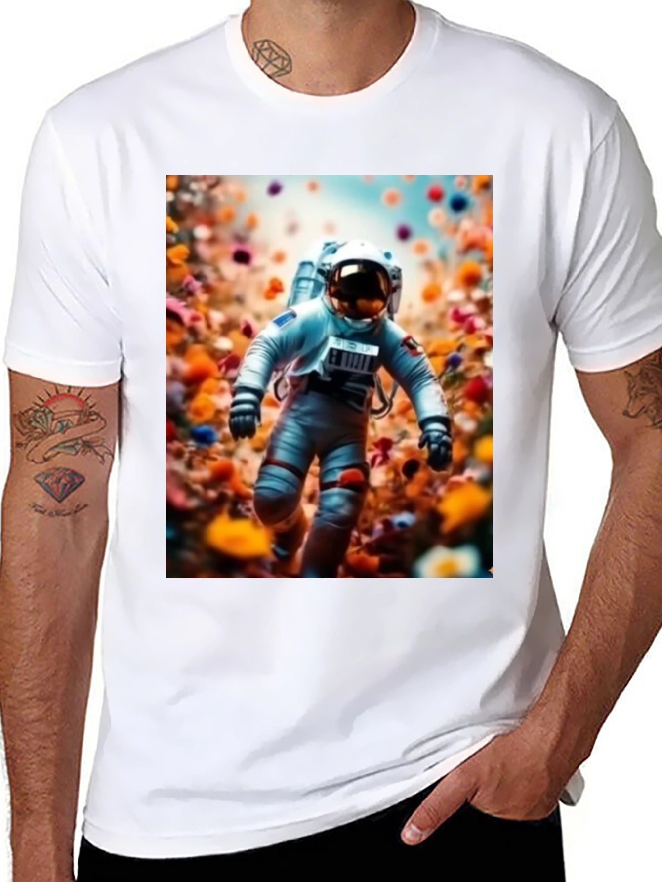 Camiseta Negra Estampado Astronauta Floral