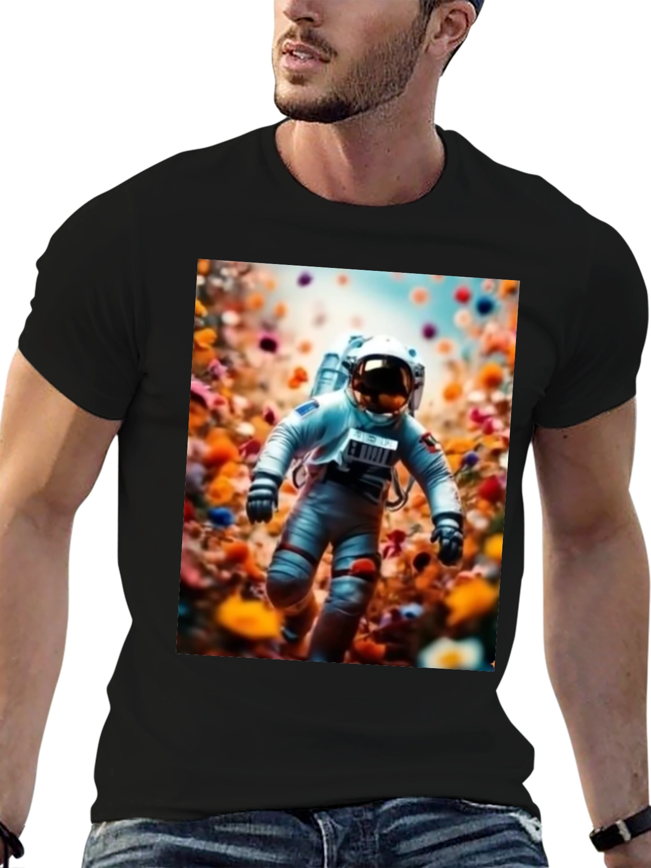 Camiseta Negra Estampado Astronauta Floral