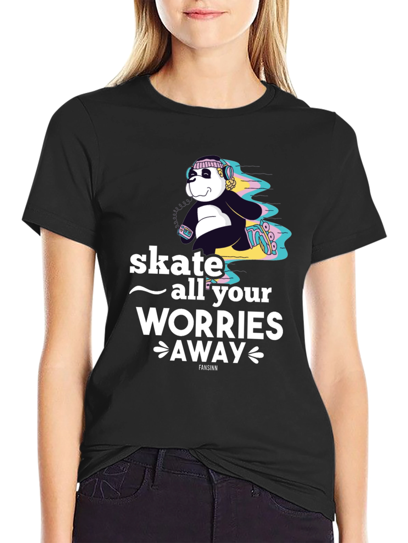 Camiseta Negra con Diseño de Panda Skater para Hombre