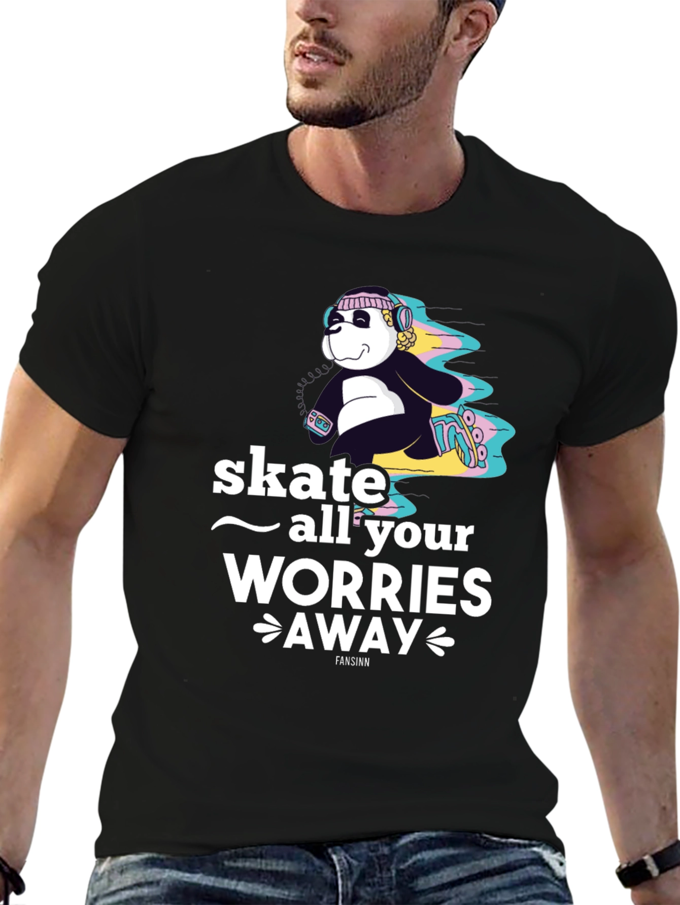 Camiseta Negra con Diseño de Panda Skater para Hombre