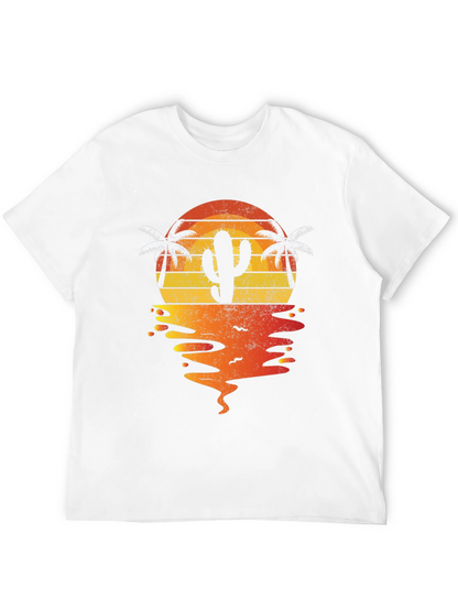 Camiseta negra con diseño de cactus al atardecer