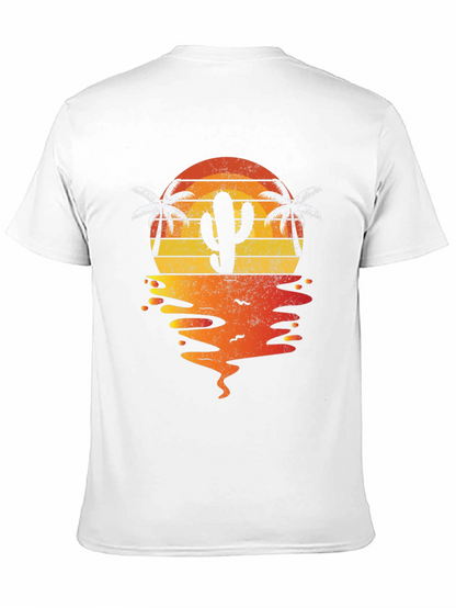 Camiseta negra con diseño de cactus al atardecer