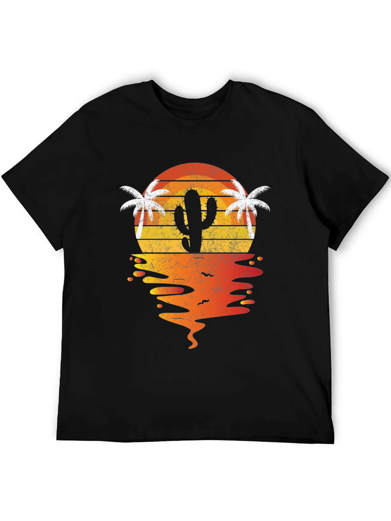 Camiseta negra con diseño de cactus al atardecer