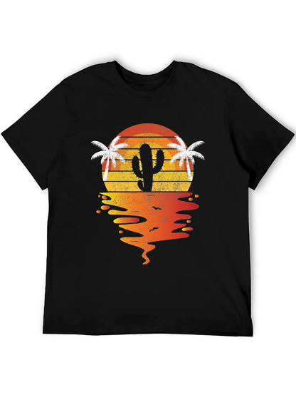 Camiseta negra con diseño de cactus al atardecer