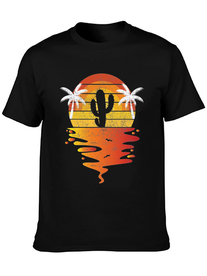 Camiseta negra con diseño de cactus al atardecer