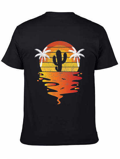 Camiseta negra con diseño de cactus al atardecer