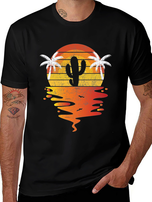 Camiseta negra con diseño de cactus al atardecer