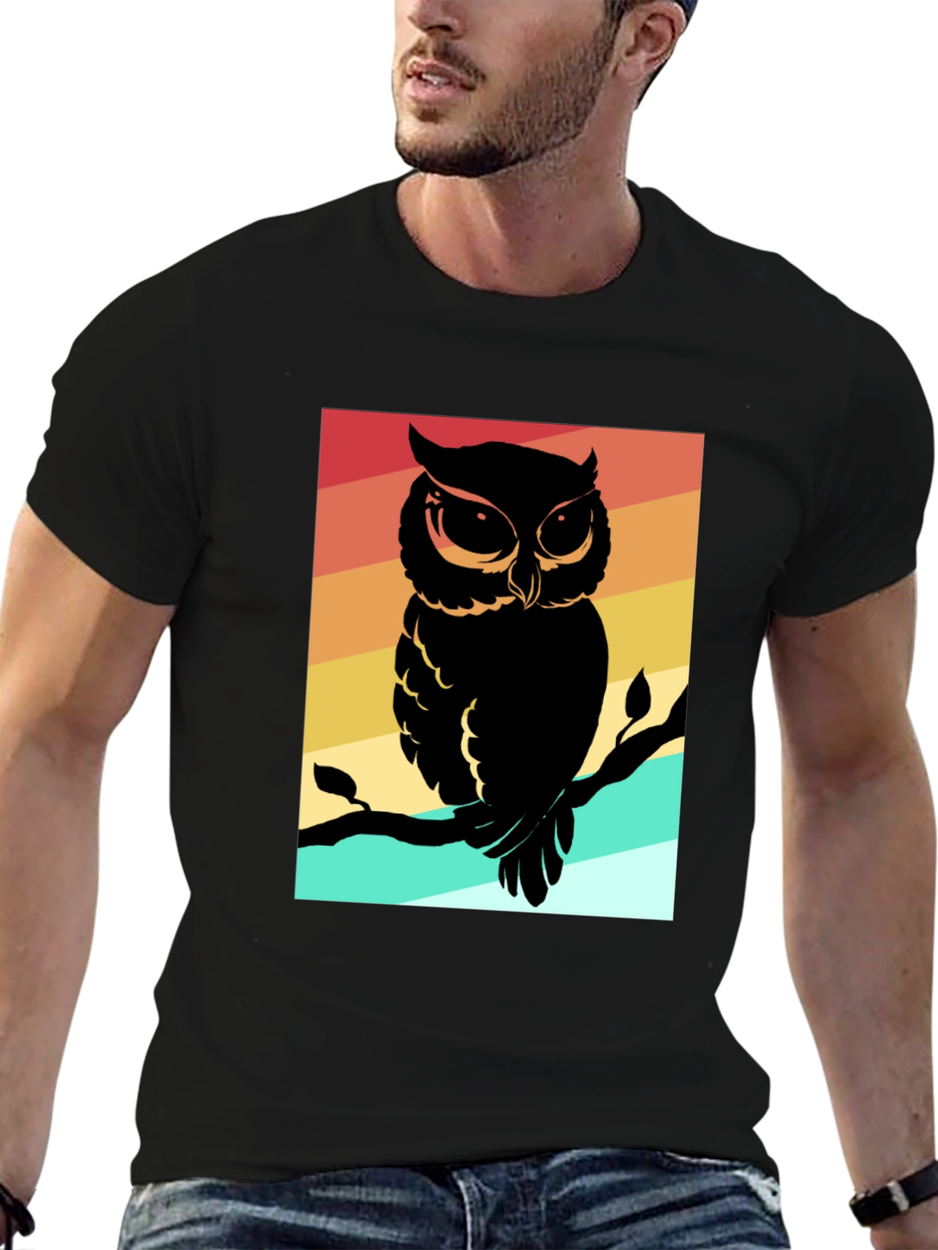 Camiseta Negra con Estampado de Búho Retro