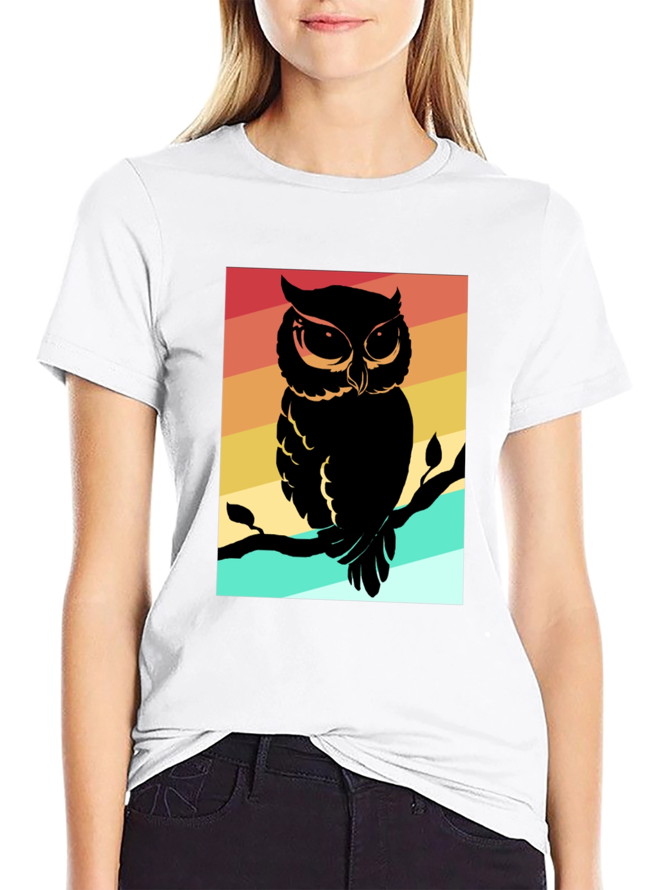 Camiseta Negra con Estampado de Búho Retro