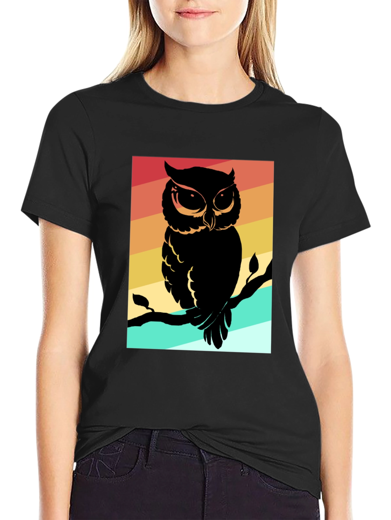 Camiseta Negra con Estampado de Búho Retro