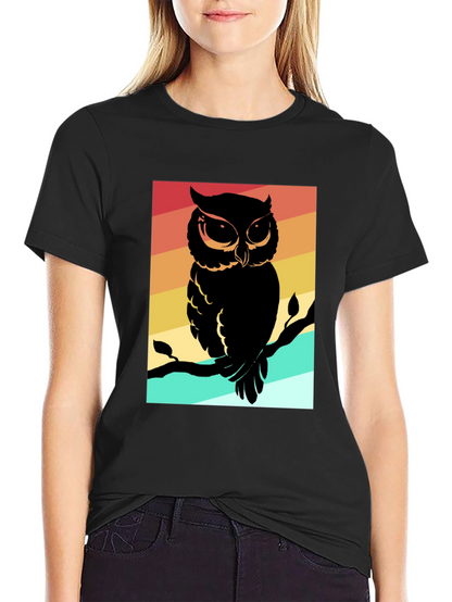 Camiseta Negra con Estampado de Búho Retro