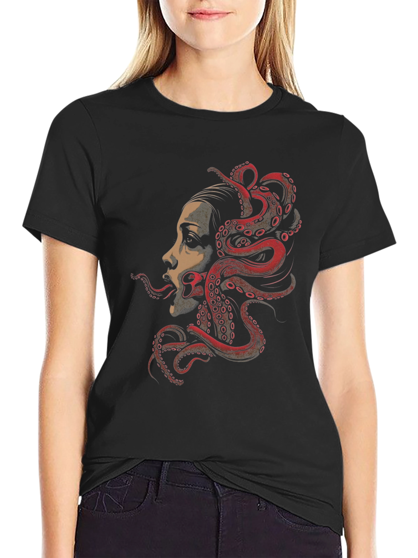 Camiseta Negra con Diseño de Pulpo y Rostro