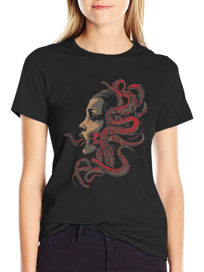 Camiseta Negra con Diseño de Pulpo y Rostro