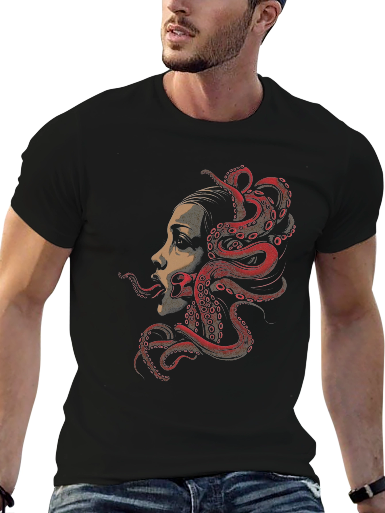 Camiseta Negra con Diseño de Pulpo y Rostro
