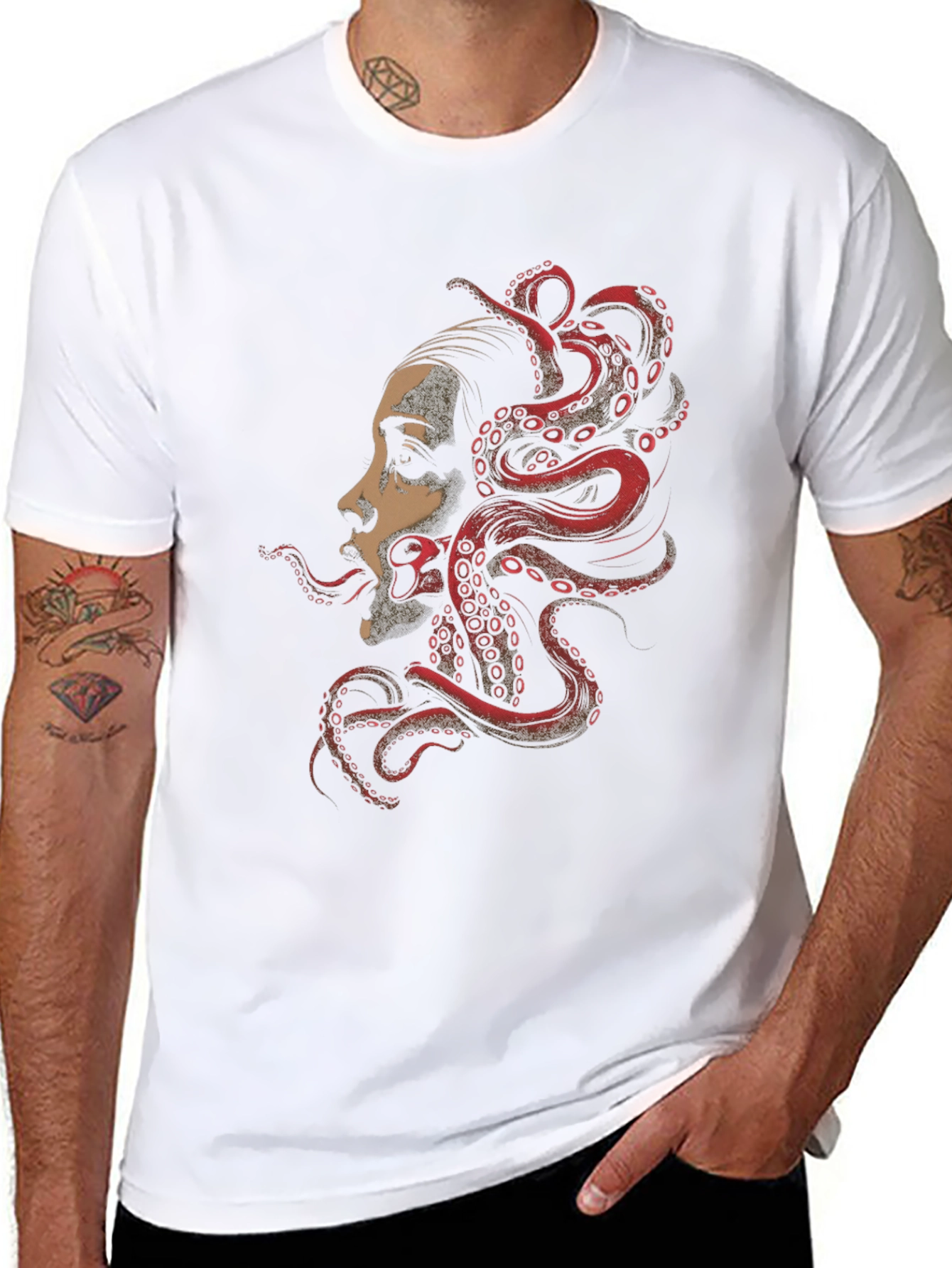 Camiseta Negra con Diseño de Pulpo y Rostro