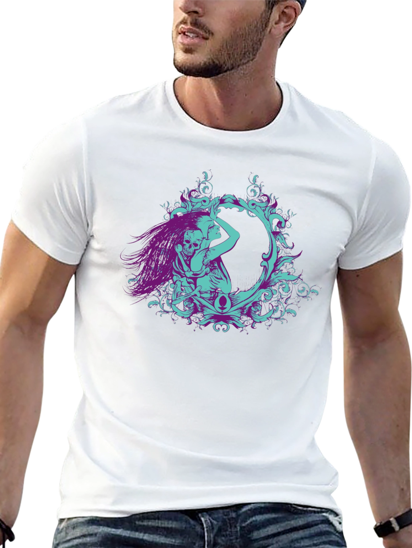 Camiseta Negra con Diseño Artístico de Esqueleto y Mujer