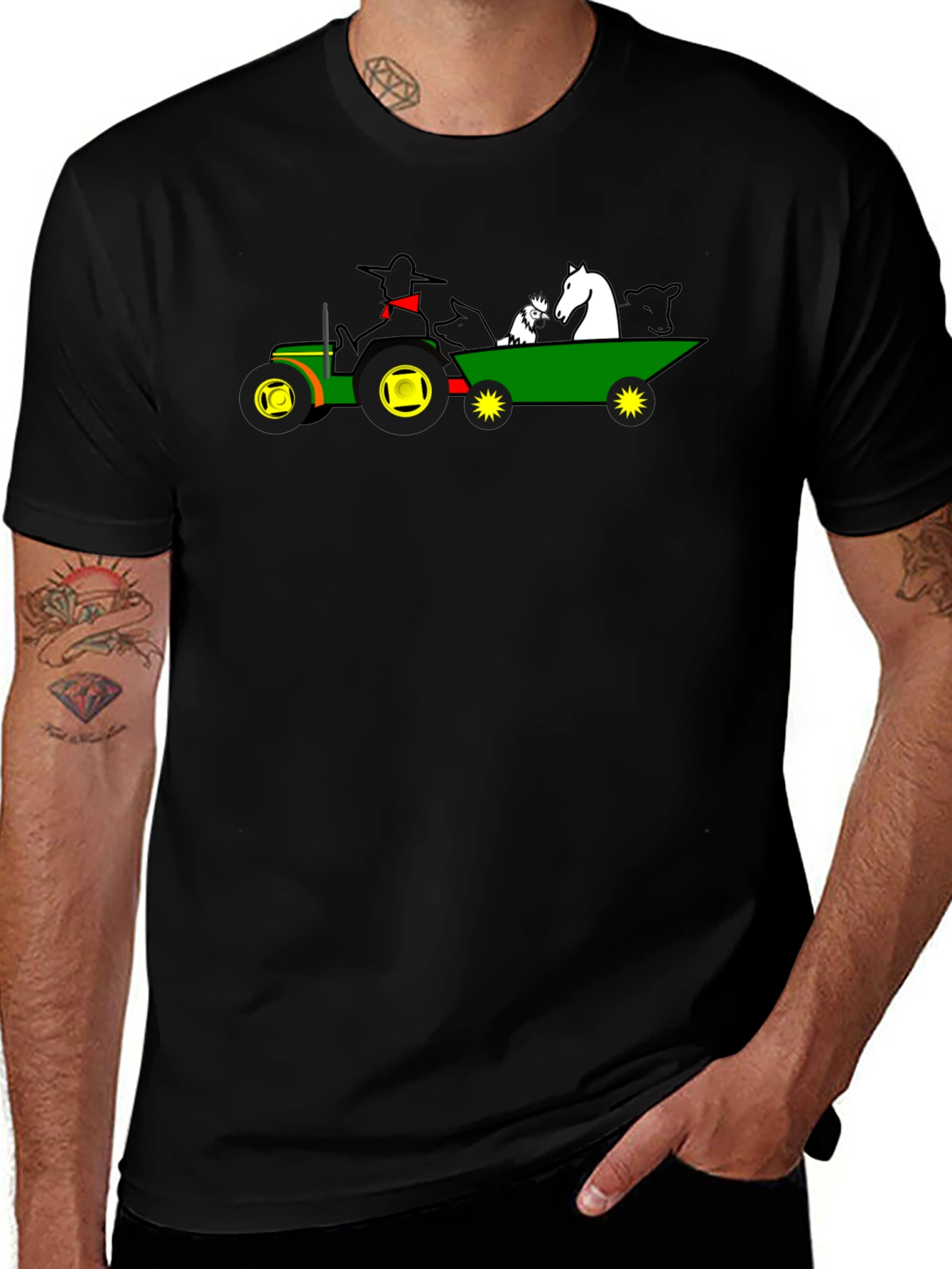 Camiseta Negra con Diseño de Tractor y Animales