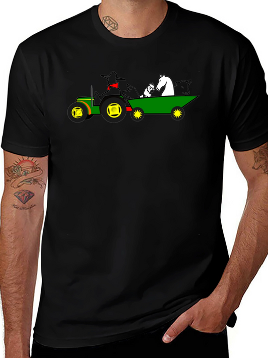 Camiseta Negra con Diseño de Tractor y Animales