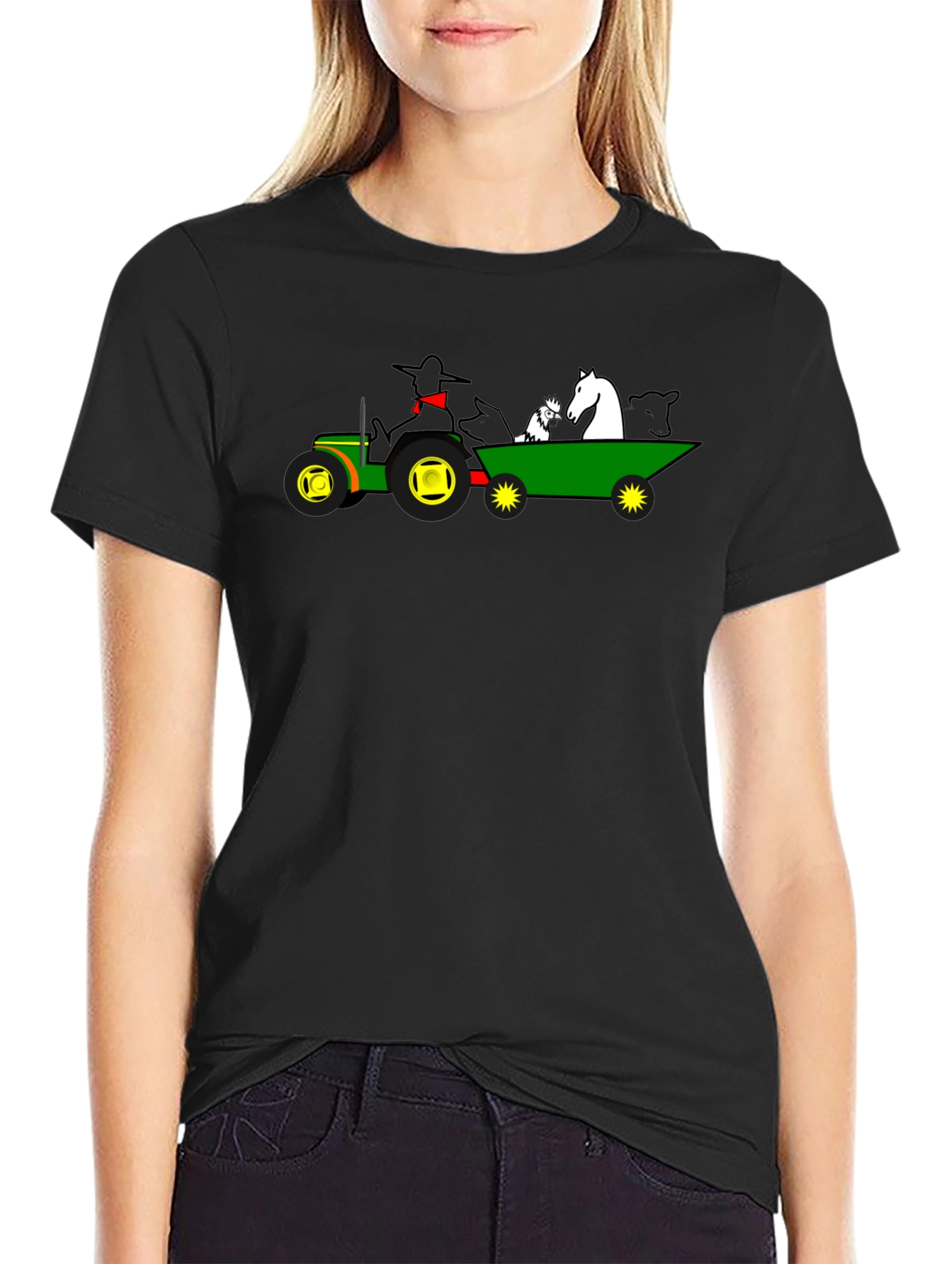 Camiseta Negra con Diseño de Tractor y Animales