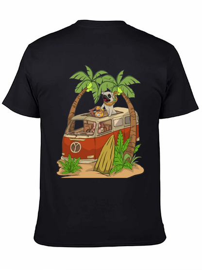 Camiseta Negra con Diseño de Playa y Pug Viajero