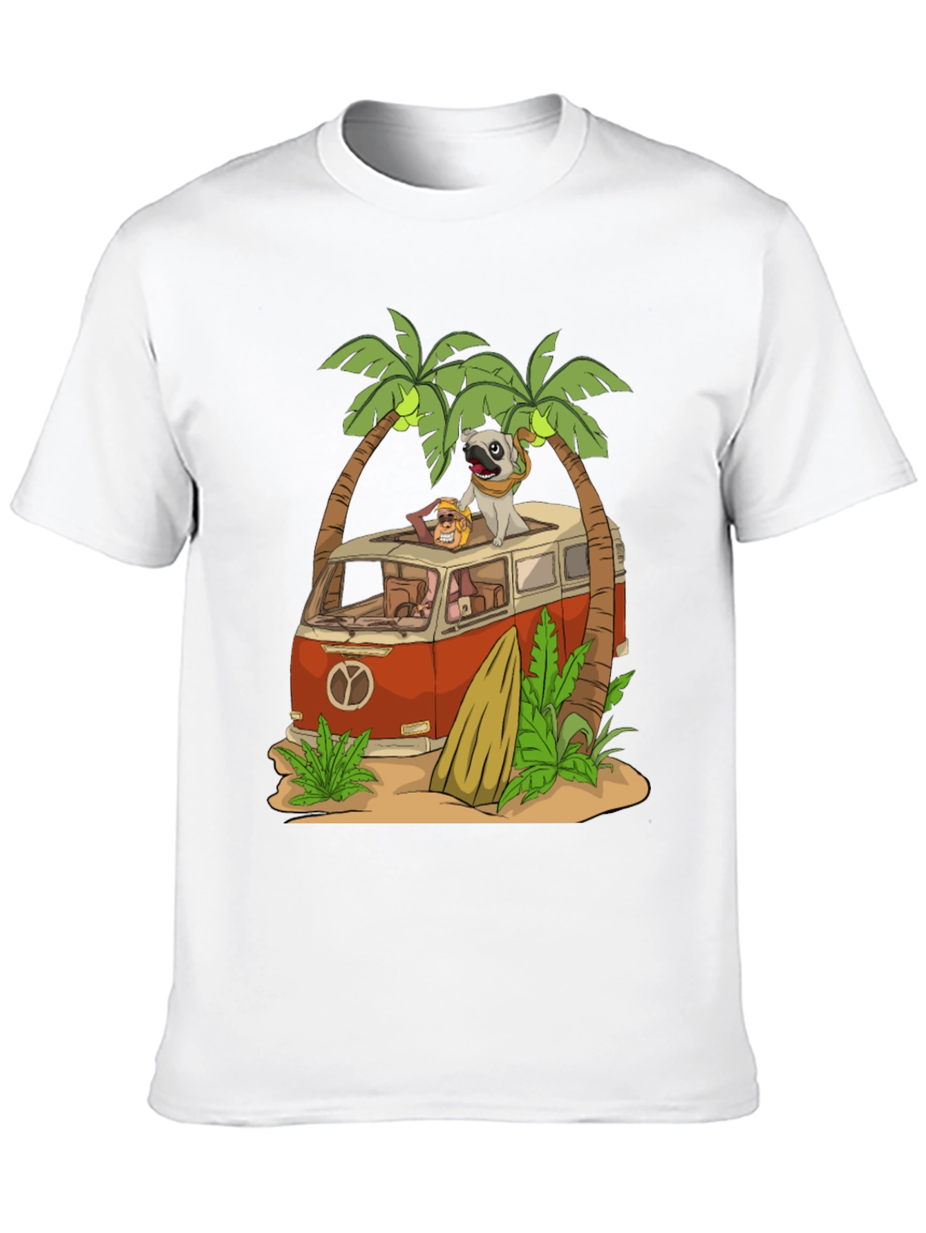 Camiseta Negra con Diseño de Playa y Pug Viajero