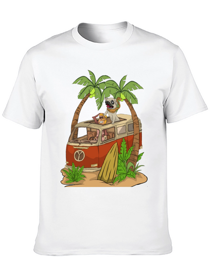 Camiseta Negra con Diseño de Playa y Pug Viajero